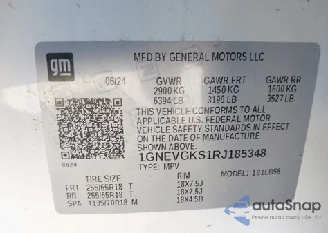 2024 Chevrolet Traverse Awd Lt z USA, uszkodzony, nr VIN 1GNEVGKS1RJ185348